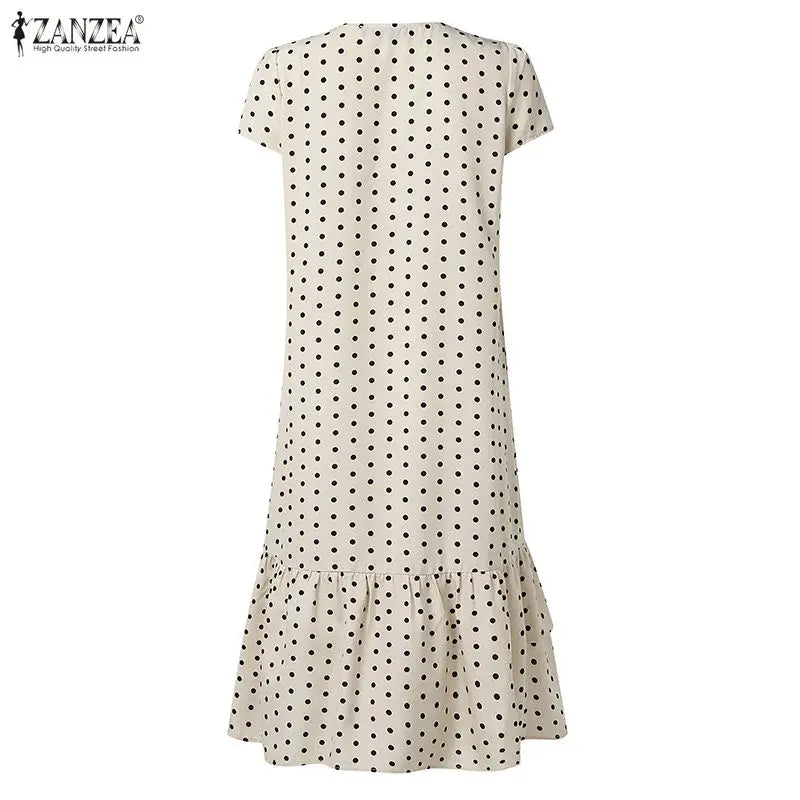 ZANZEA Summer Polka Dots Printed Women Dress Elegant Casual Holiday Beach Ruffled Sundress V Neck Short Sleeve Work Midi Dresses