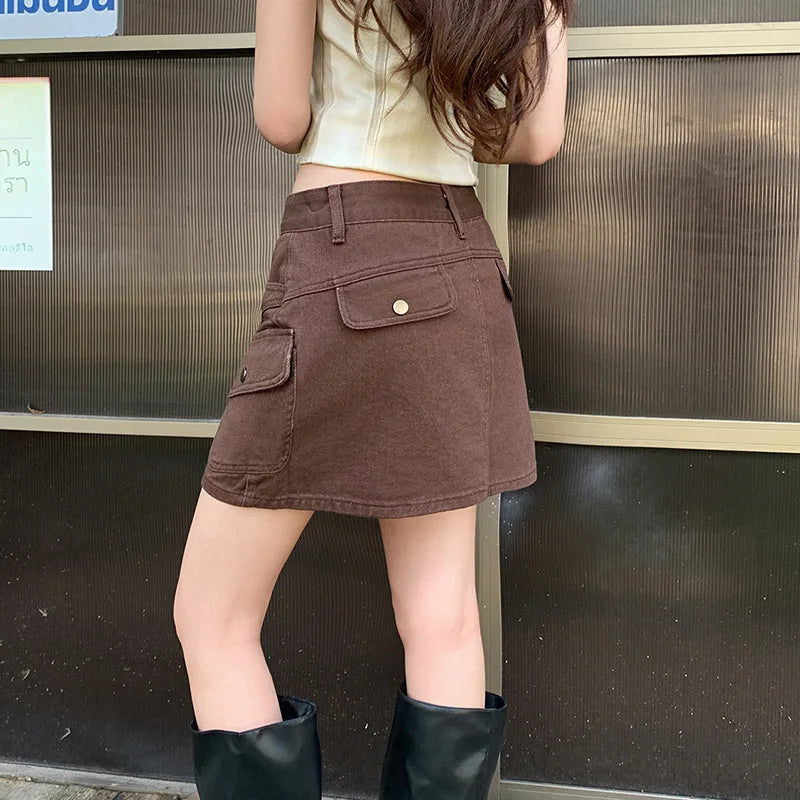 High Waist A-Line Mini Skirt Denim Skirt Women's Multi-Pocket Anti-Light Workwear Half Skirt Street Style Casual Wear