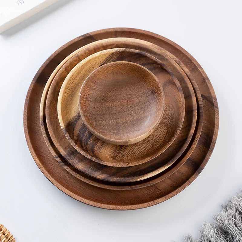 Wooden Dinner Plates Household Round Coffee Tray solid wood Tea saucer ins Japanese style dim sum For Food Snack Dishs
