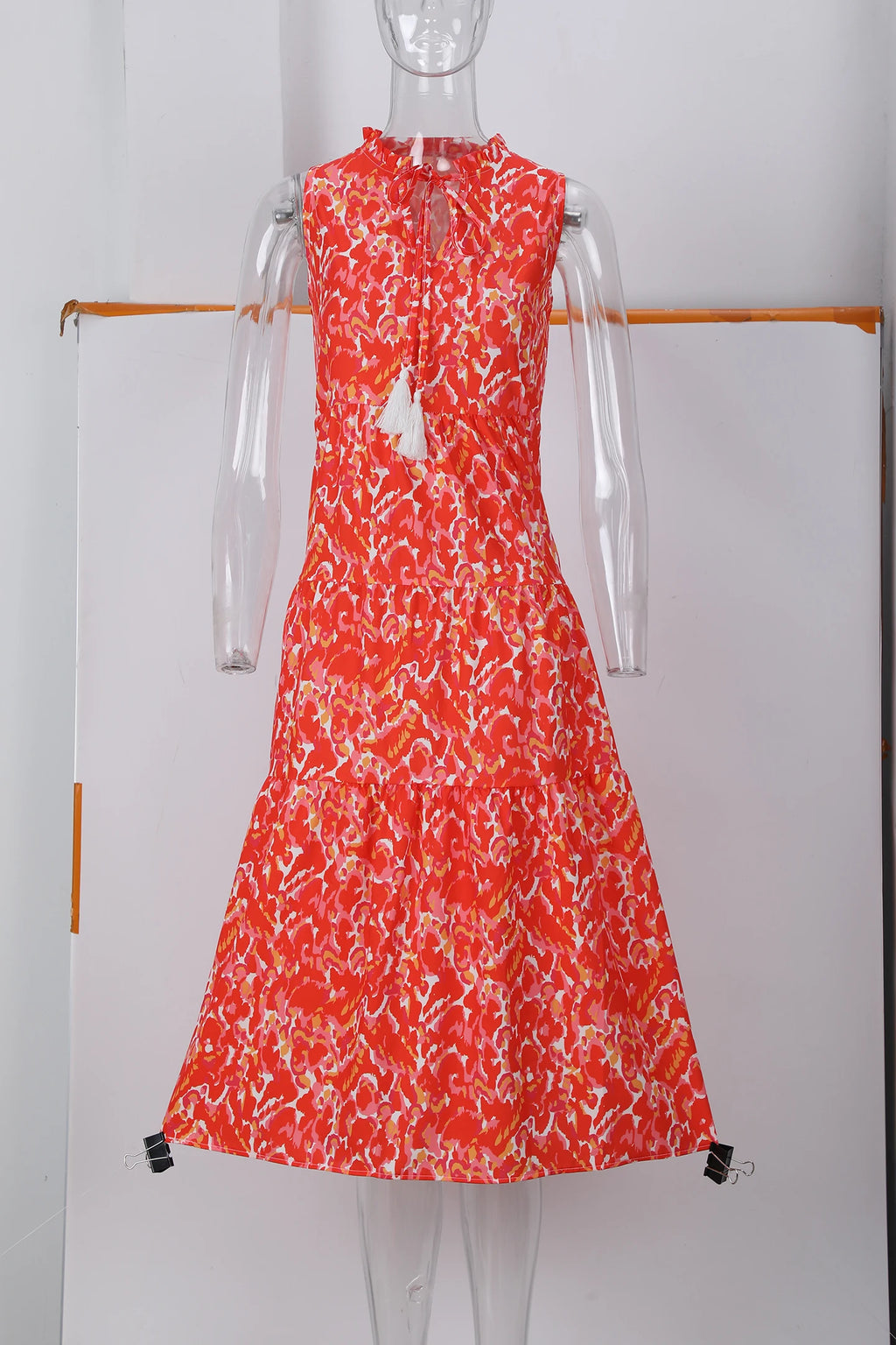 New European and American Summer Cross-border Seaside Vacation Mid to Long Sleeveless V-neck Tassel Abstract Print Dress