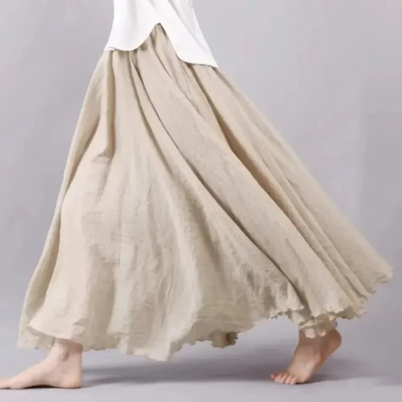 High Quality Cotton Linen Maxi Skirt Women Casual Elastic High Waist Pleated A-Line Beach Skirts Boho Saia Feminina Faldas Jupe