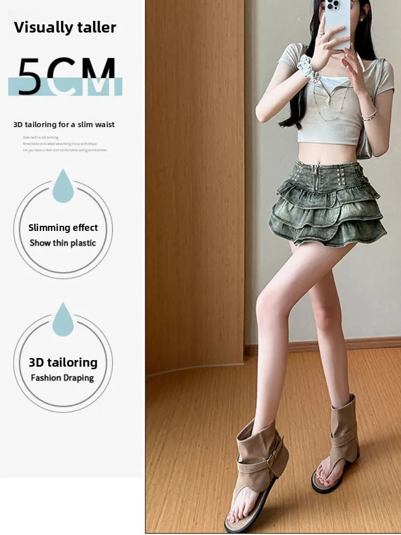 American Style Spicy Girl Design Elastic Denim Cake Short Skirt Women's Summer Pure Desire High Waist Slimming Pleated  S...