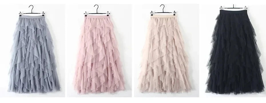 French Romantic Layered Tulle Cake Skirt, High-waisted Slimming Asymmetrical Midi Fairy Skirt