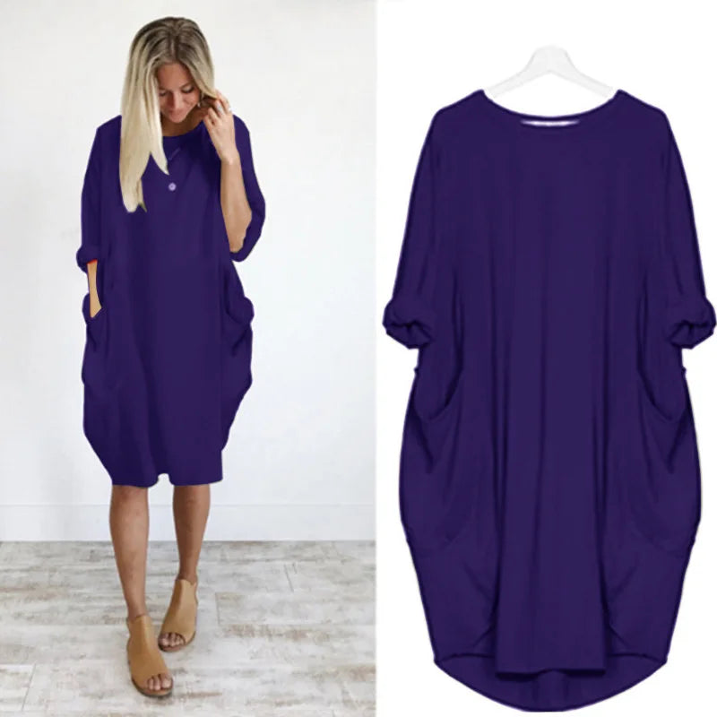 Women's Dress Oversize O-neck Loose Red Version Casual Street Pocket Fashion Black Solid Color Beach Vacation Skirt