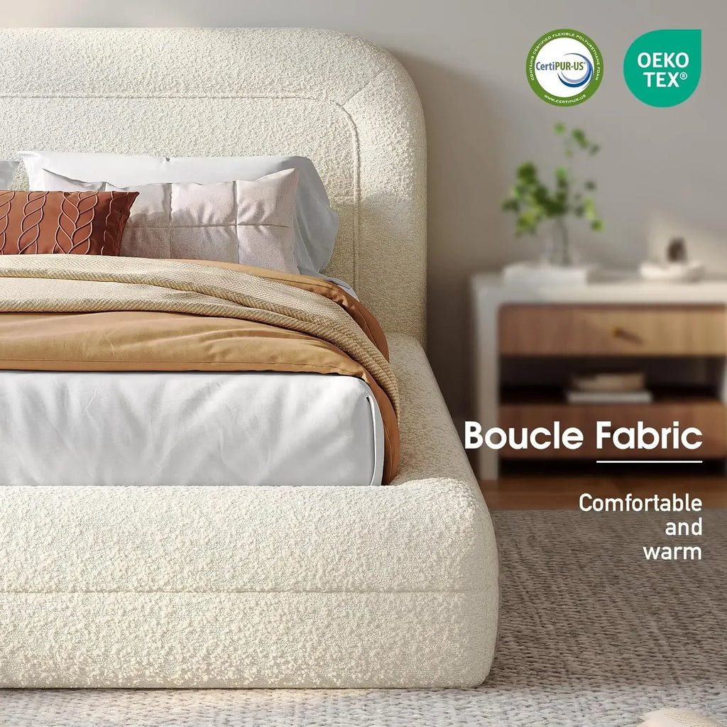 Queen Boucle Cloud Bed Frame Soft Rounded Corners Headboard No Box Spring Needed