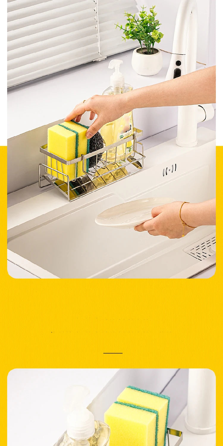 Rejilla de almacenamiento de herramientas de limpieza de fregadero, escurridor multifuncional de acero inoxidable para cocina, organizador de esponjas y detergentes, colgador de trapos