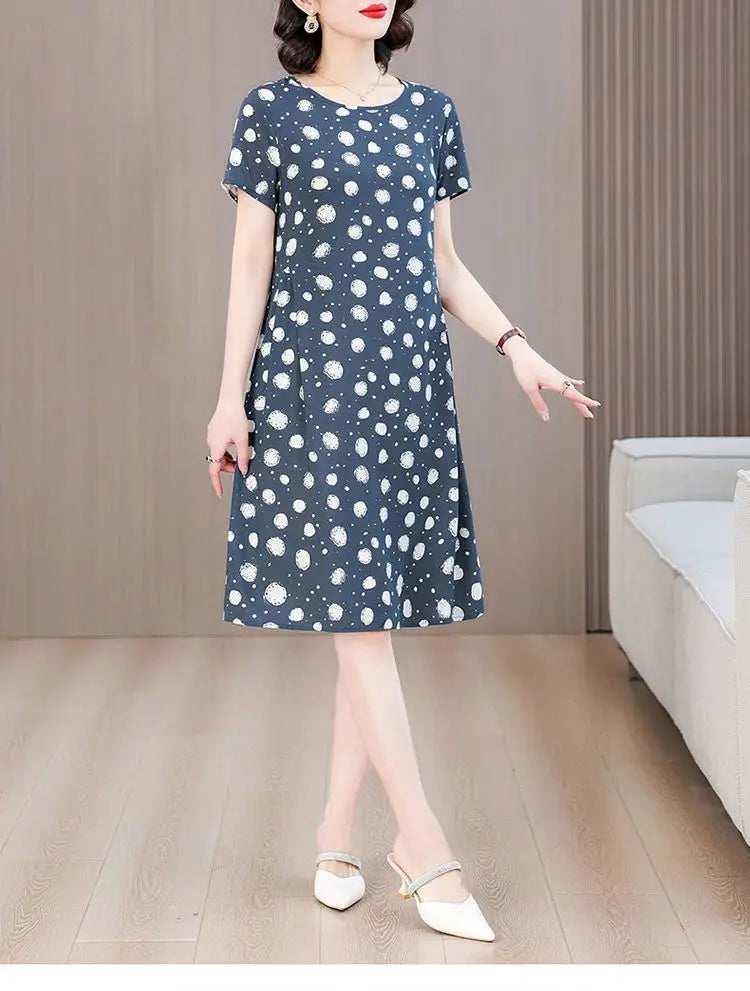 Women Summer Cotton Midi Dress Polka Dot Print Round Neck Short Sleeve Loose Casual Home Outdoor Dress S 4XL