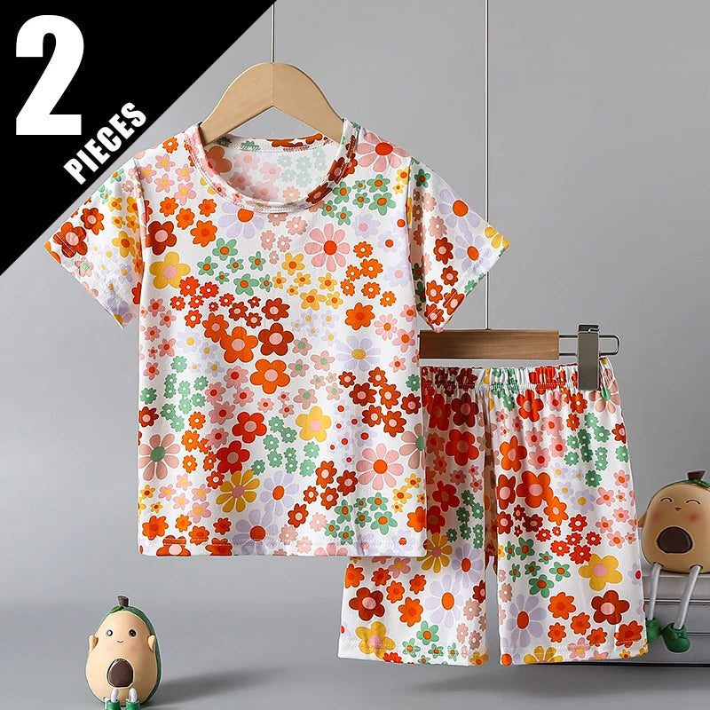 Children's Unisex Cartoon Print Short-Sleeve T-Shirt and Shorts Set
