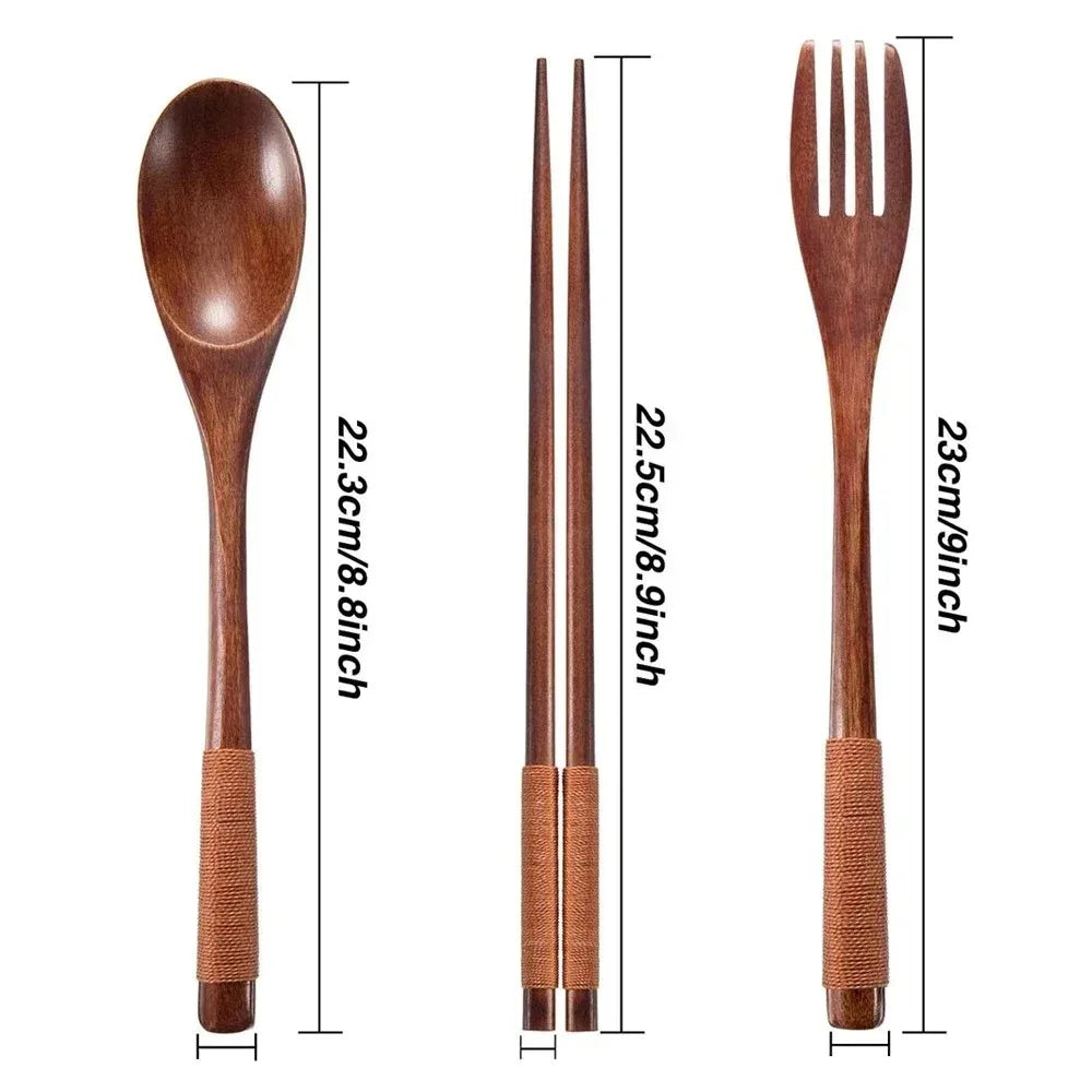 3-Piece Japanese Style Fashionable Wooden Cutlery Set - Includes Spoon Chopsticks And Fork for Elegant Dining Experience