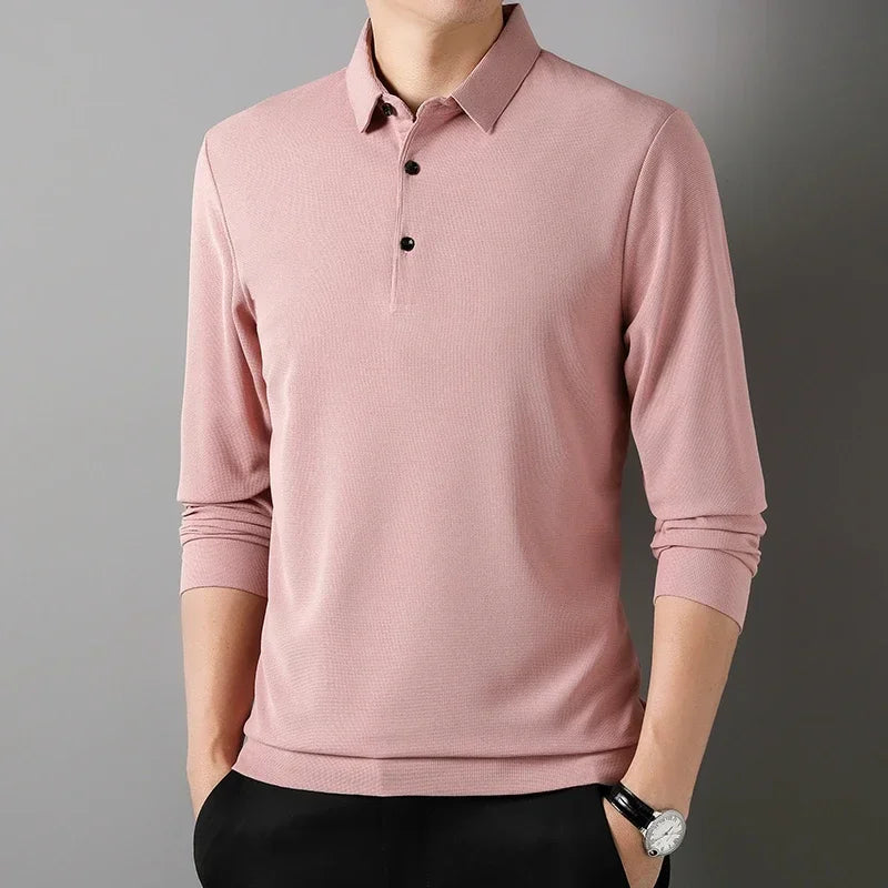 Men's Waffle Polo Shirt - Long Sleeve Casual Solid Polyester Top