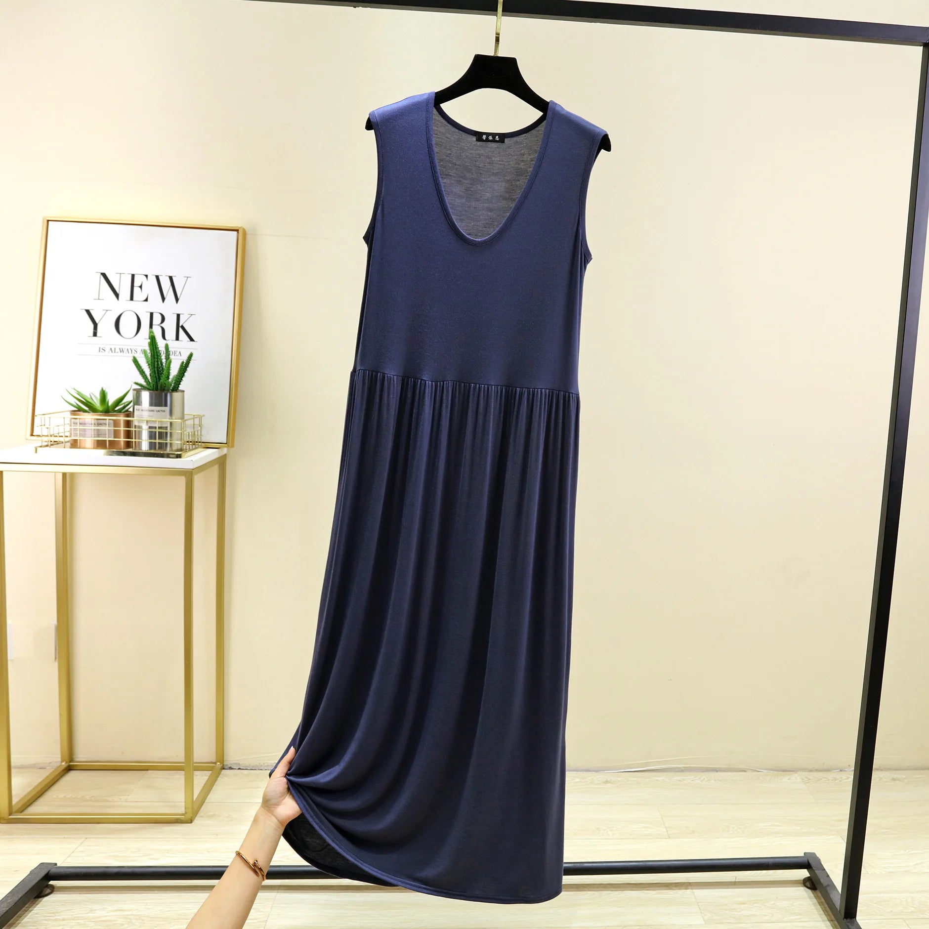 Plus Size Women's Modal Sleeveless Tank Dress – Pleated Mid-Length Waist-Slimming Homewear