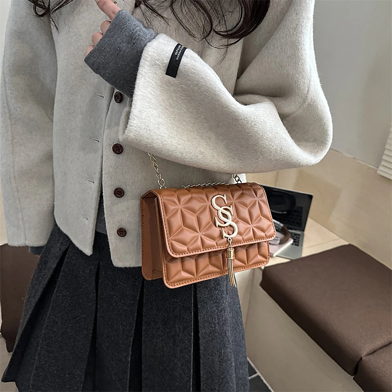 Fashionable Small Fragrant Style Argyle Quilted Small Square Bag Metal Letter Tassel Diagonal Cross Bag Commuter Shoulder Bag