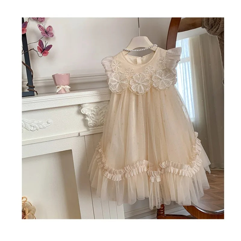 New Summer Kids Girls Lace Tulle Dress Fly Sleeve Ruffle Mesh Princess Gown Wedding Flower Girl Birthday Costume YF900