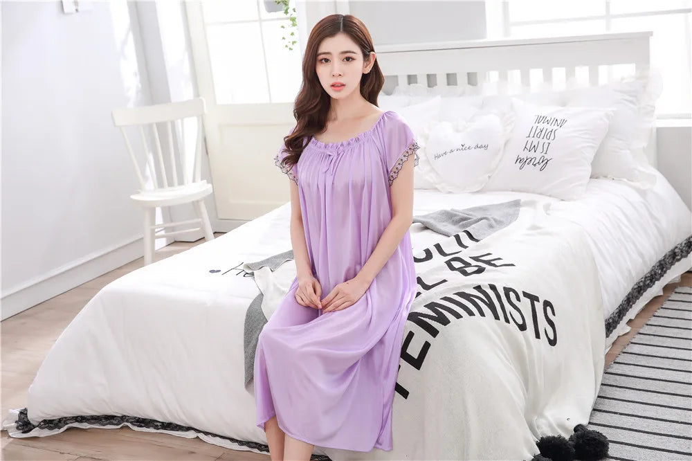 2026 New Women's Summer Imitation Silk Sleeping Skirt Multi Colored Short Sleeved Home Clothes Ice Silk Pajama Dress