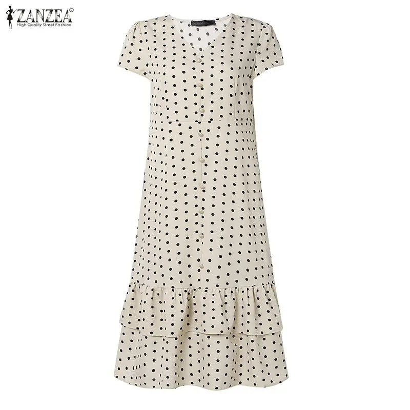 ZANZEA Summer Polka Dots Printed Women Dress Elegant Casual Holiday Beach Ruffled Sundress V Neck Short Sleeve Work Midi Dresses