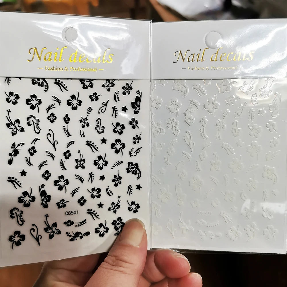 1 pieza 3D pegatinas de hibisco para uñas, flores blancas y negras, pétalos, calcomanías adhesivas, deslizadores florales rosas y dorados para decoración de uñas