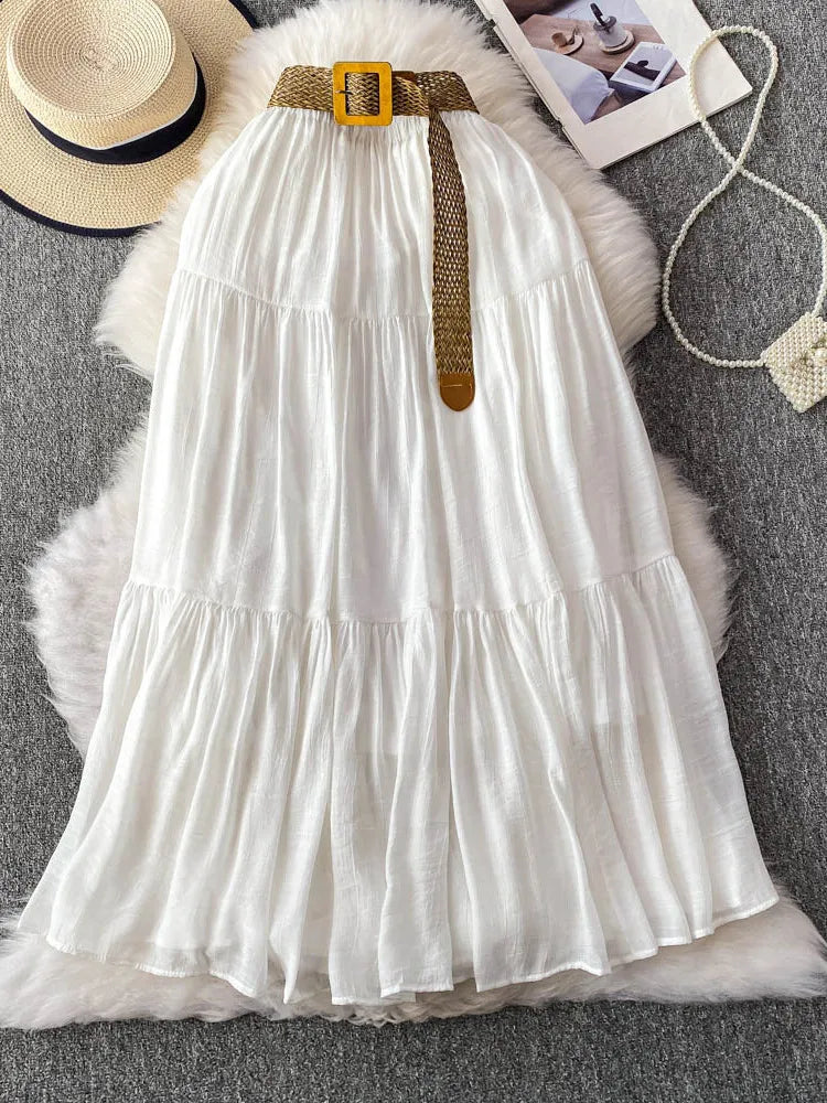 White Casual Mid-Length Puffy Skirt Women's Summer High Waist Slimming Cake Skirt Korean Sle Commute A-Line Skirt