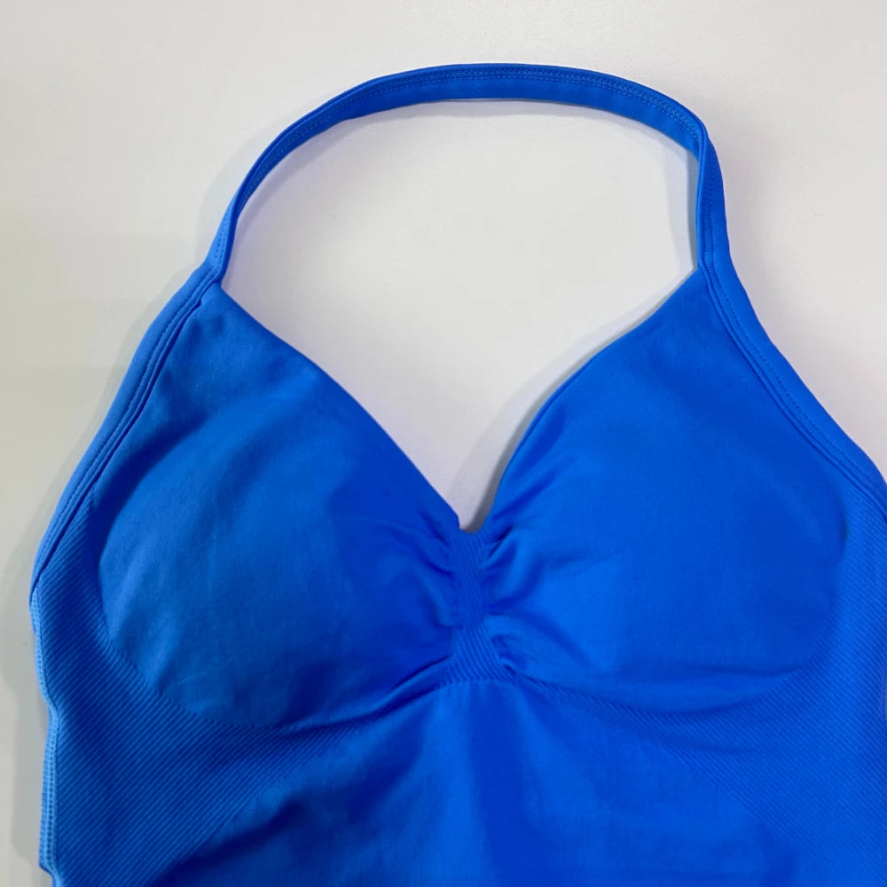 No Logo Longline Strappy Top Women Seamless Yoga Tank Tops Buit-in Bra Ruched Backless Gym Clothes Sleeveless Shirt Workout Top