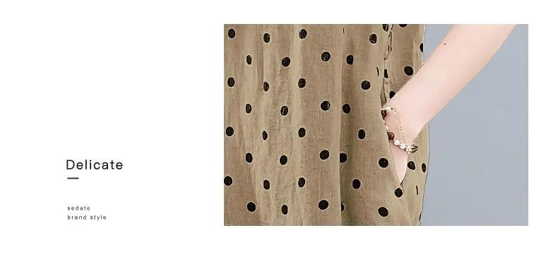 Cotton and Linen Dress French Polka Dot Print Fashion Long Skirt Summer New V-neck Casual Lace-up A-line Skirt