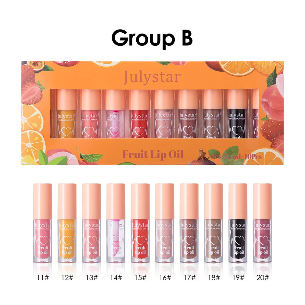 10Color Fruit Flavor Temperature Changing Lip Oil Set Hydrating Glossy Lip Gloss Brightening Water Light Lip Makeup Cosmetic Kit