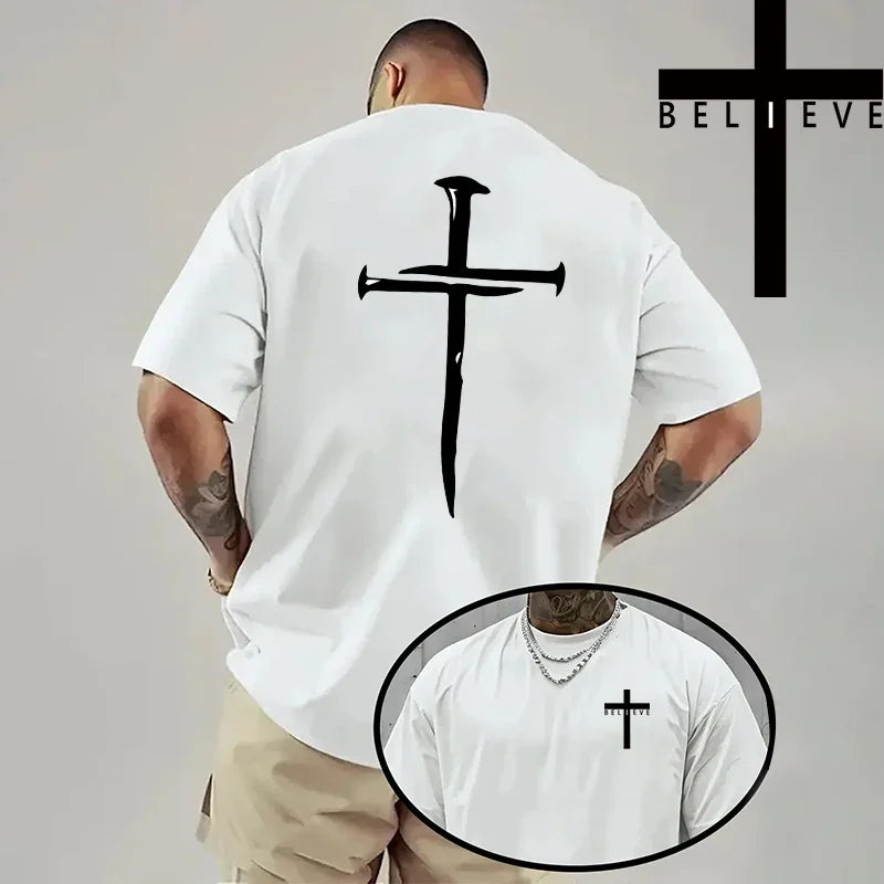 Men's Jesus Cross Print T-Shirt - Casual Short Sleeve Cotton Tee