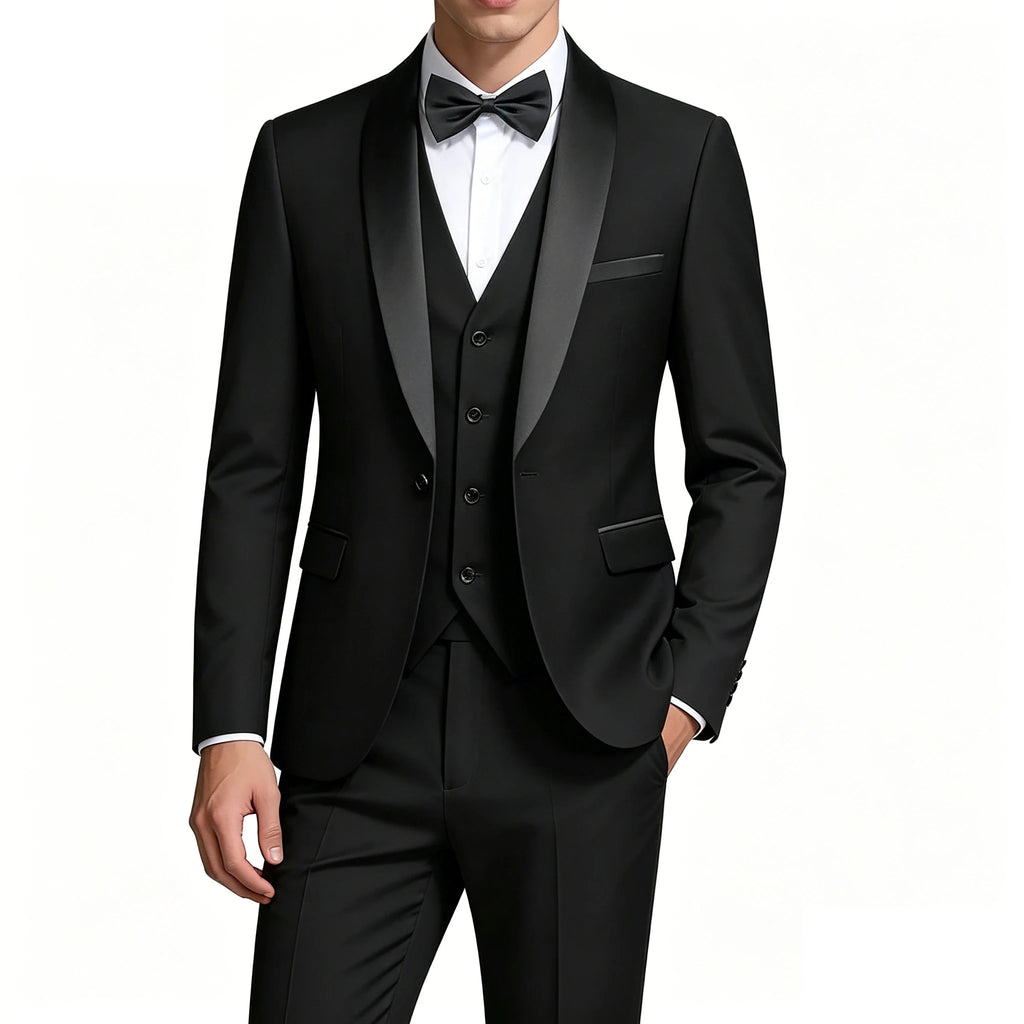 US Size XXS-3XL Men's 3 Piece Tuxedo Suit Set, Black Satin Shawl Lapel Slim Fit Blazer Vest Pants for Wedding Groom Party Prom