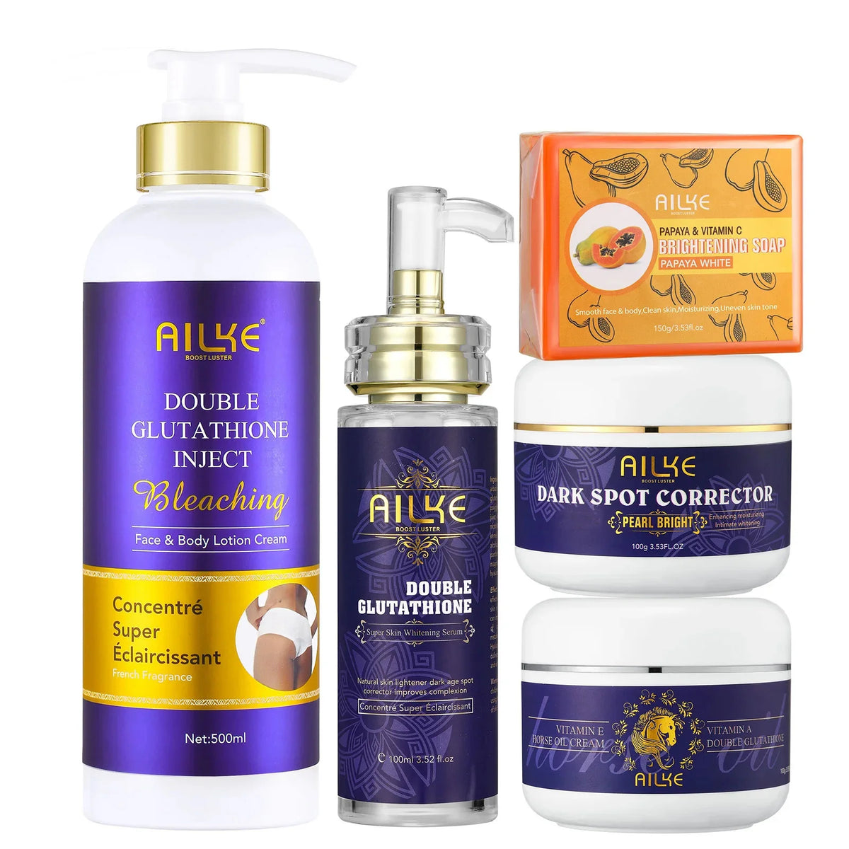 AILKE 5-in-1 Glutathione Skin Whitening Care Set for Face and Body