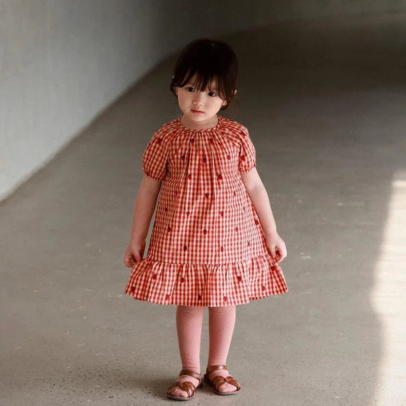 Girls Plaid Strawberry Cotton Dress & Shorts Set | Summer Outfit