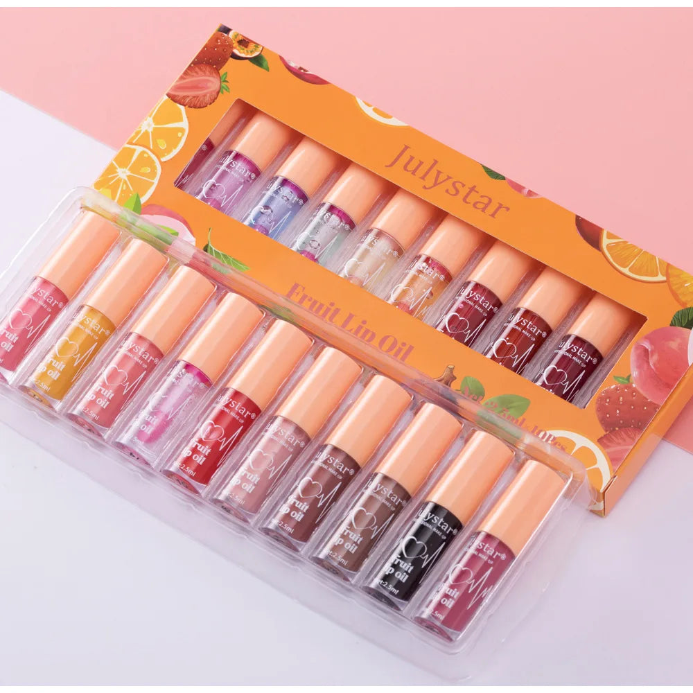 10Color Fruit Flavor Temperature Changing Lip Oil Set Hydrating Glossy Lip Gloss Brightening Water Light Lip Makeup Cosmetic Kit