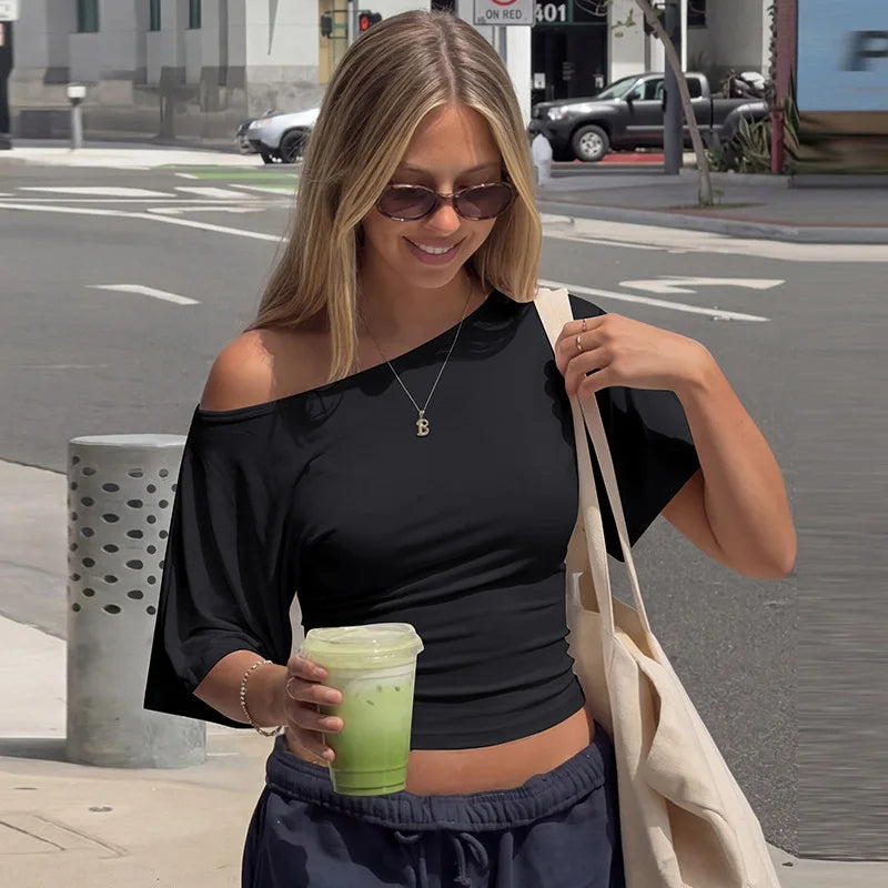 Casual Skew Collar Solid Slim Crop Tops Women Sexy Lace Up Short Sleeve T-shirt Autumn Female Streetwear Clothes Party Office