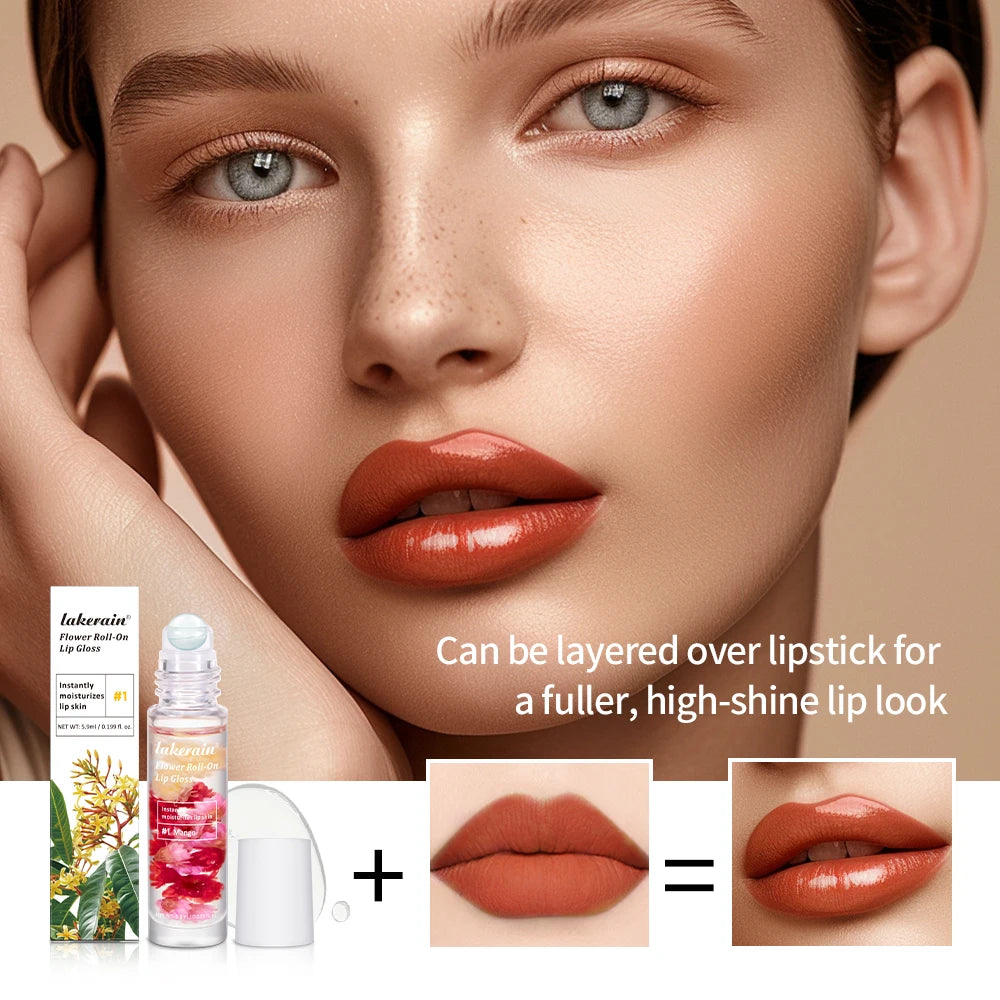 Lakerain Flower Roll-On Lip Gloss Fruit Flavor Sweet Taste Soften Lip Skin Long Lasting Gloss Deep Moisturizing Bright Gloss