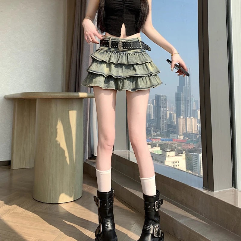 Seoulish American Style Hot Girl Denim Skirt 2026 New Summer Stretch Cake Layer Pleated Skirt High Waist Jeans Mini Skirts Women