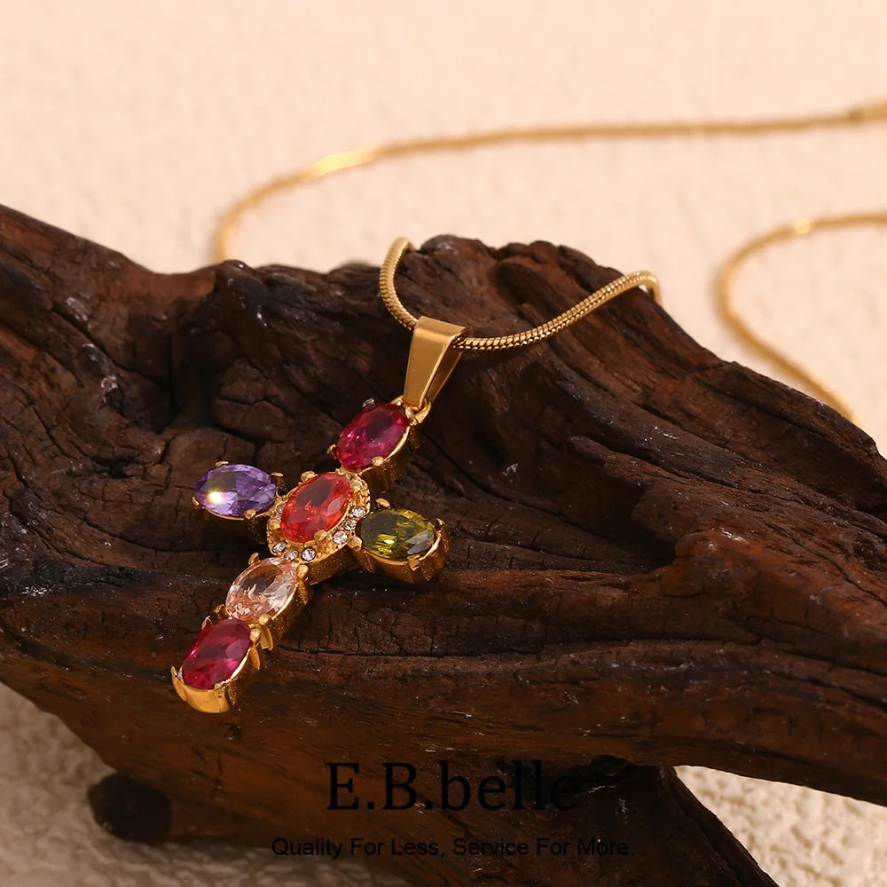E.B.belle Colorful Rhinestone Cross Pendant Necklace Snake Chain Waterproof Stainless Steel Fashion Jewelry For Women Girls