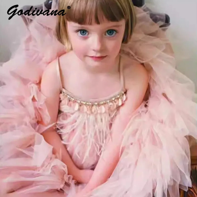 High-end Girls Tutu Dress 2026 New Summer Kids Sequin Flower Feather Slip Dresses Little Girls Princess Performance Dress
