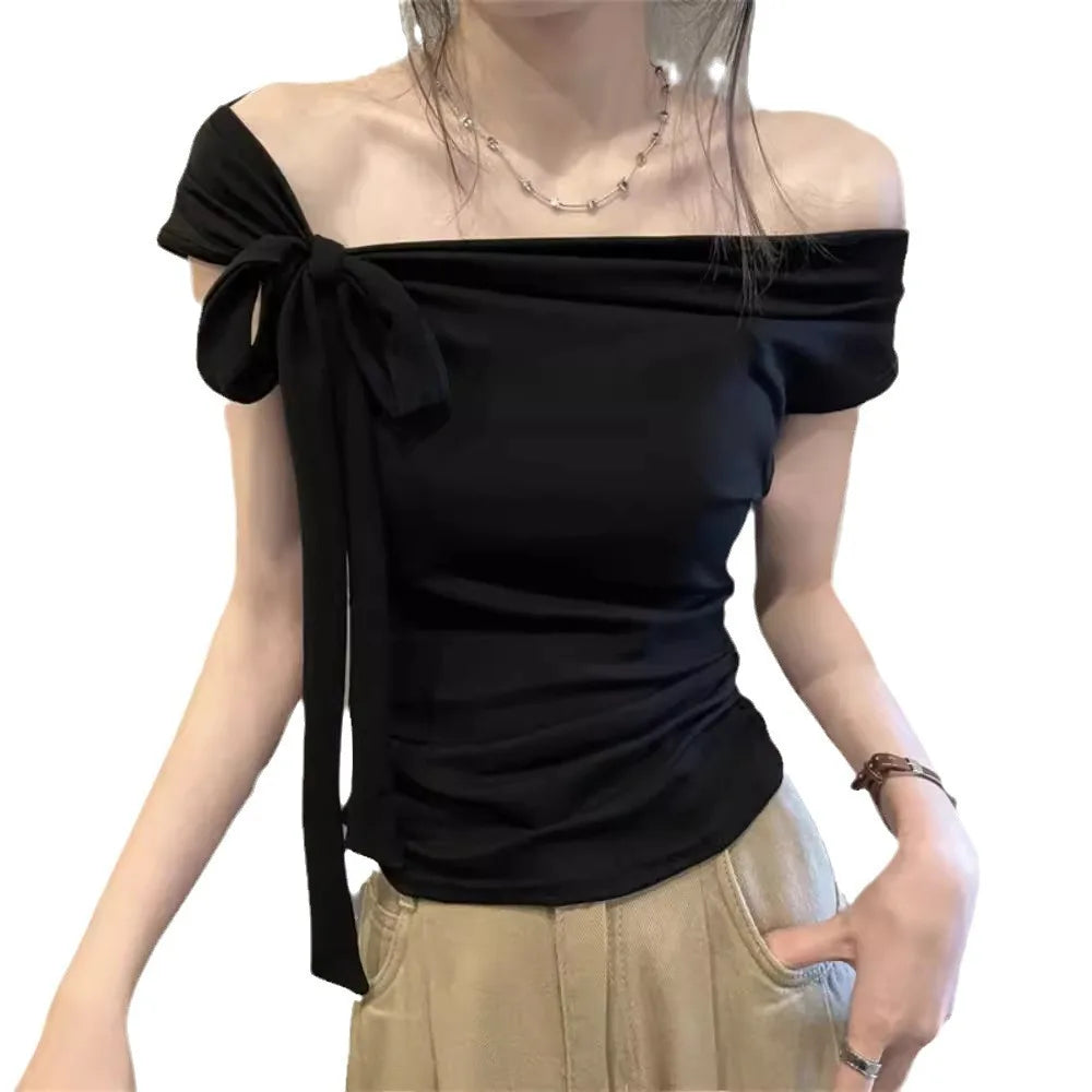 Sexy Spice Girl Shoulder Short Tshirt Women's Strap Slit Cleanfit Style Ladies' T-shirt Linen Fabric A-line Sleeve Other Mate...