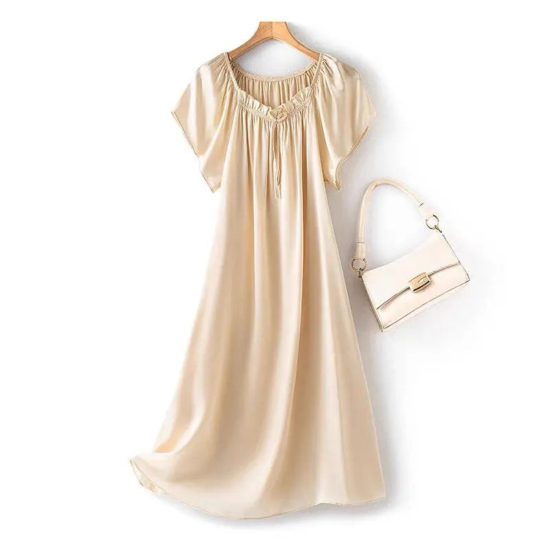 Loose 100%Silk Short Sleeve Nightgown, Summer Medium-long Satin Sleepwear Woman