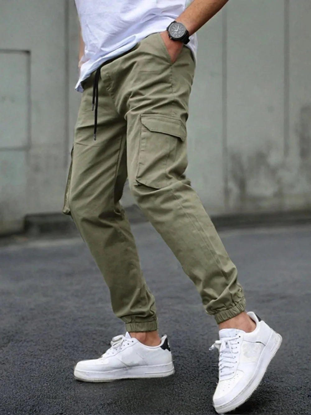 Men Elastic Drawstring Cargo Jogger Pants Multi Pocket Casual Streetwear Hip Hop Jogging Sweatpants Daily Work Trousers