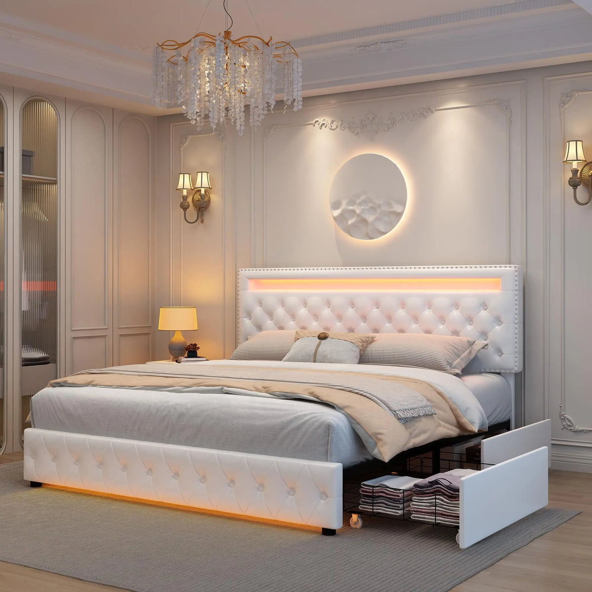 Bed Frame, Adjustable LED Headboard, Remote & App Control Lights,Plush Upholstered Platform with Silver Nailhead Trim,Customized