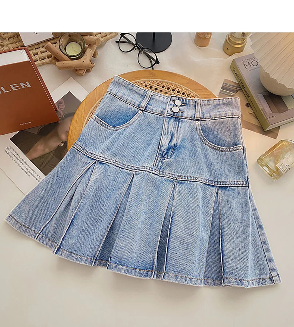 Women Pleated Denim Mini Skirt Summer High Waist Double Button Slim A-Line Skirts with Safety Shorts Y2K Style Party Wear Skirt