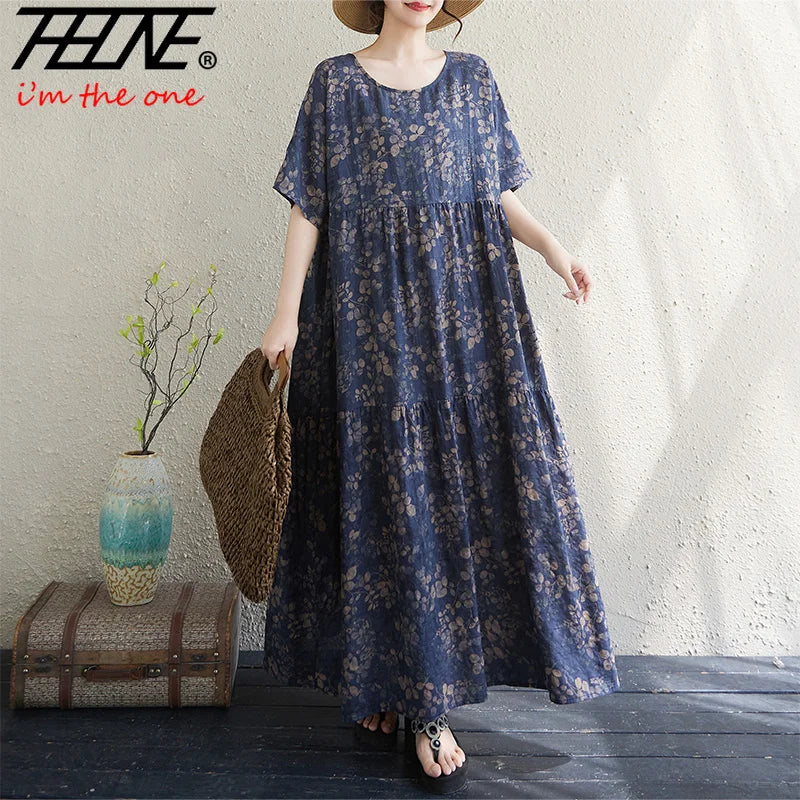THHONE Vestido Feminino Summer Dresses for Women 2025 Bohemian Holiday Floral O Neck Short Sleeve Casual Print Women's Clothes