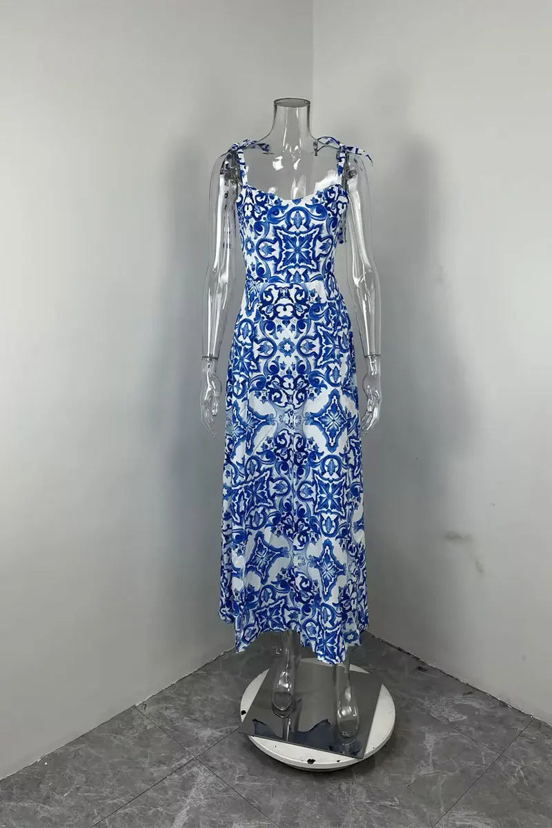 2026 Summer Elegant Woman Dress Spaghetti Strap Blue Floral Print Dresses High Waist Maxi Dress Blue White Print Slip Long Dress