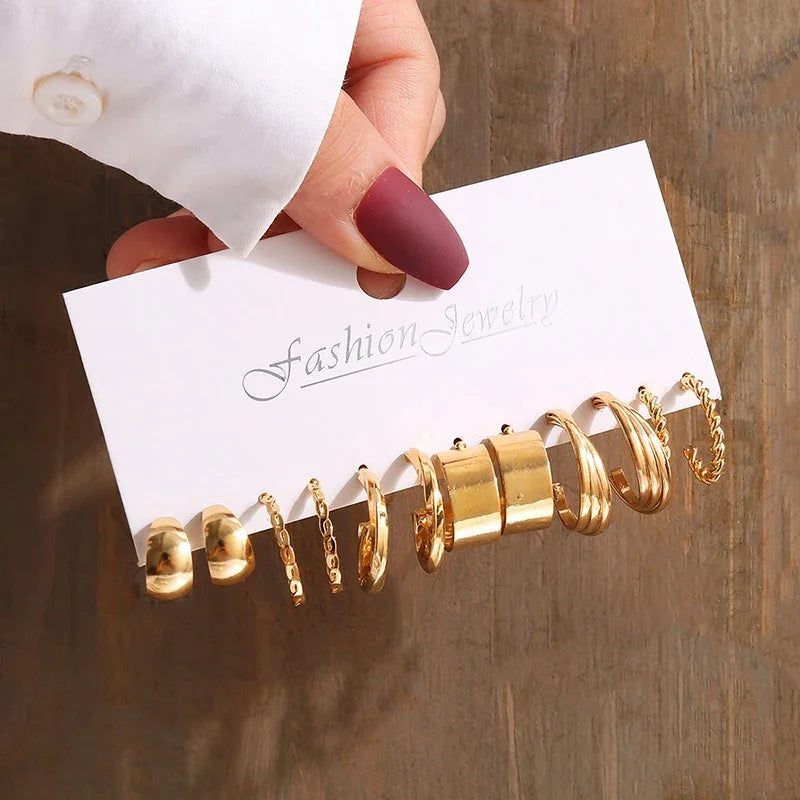 New Gold Color Vintage Geometry Pearl Earrings Set Metal Twine Square Dangle Earring Round For Women'S Trendy Jewelry