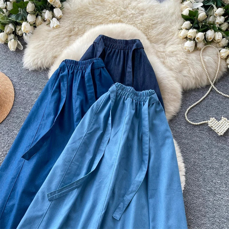 KAROFI Women Bow Tie Elastic Waist Denim Long Skirt Korean A Line Flowy Midi Jeans Skirt Casual Loose Vintage Blue Maxi Skirts