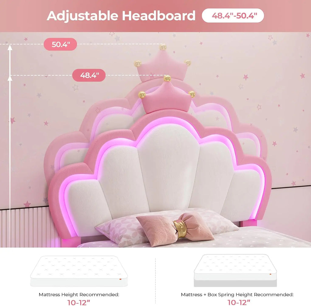 Princess Twin Bed Frame with LED Lights, Adjustable Velvet Headboard, Pink Girls Platform Bed, Solid Wood Support