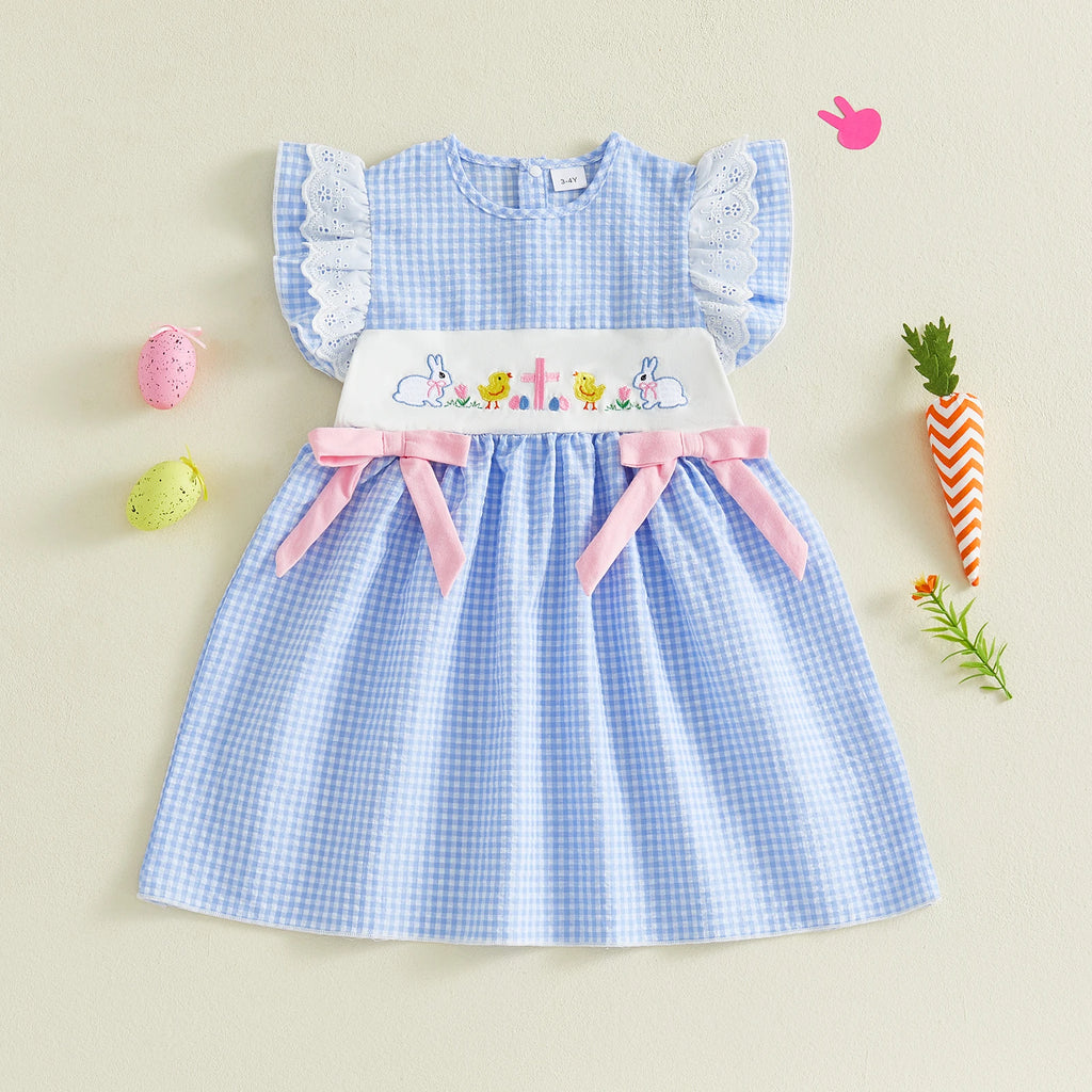 0-4Y Toddler Baby Girl Easter Dress Flying Sleeve Crew Neck Rabbit Chick Embroidery A Line Plaid Print Dress