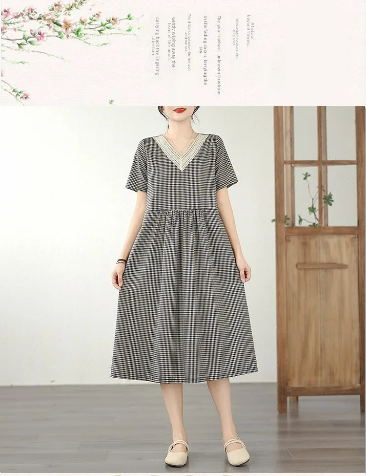 Retro Fashion Casual Plaid Dress Women Summer New V-neck Lace Splicing Loose Slimming Skirt over Knee Cotton Polyester Blend
