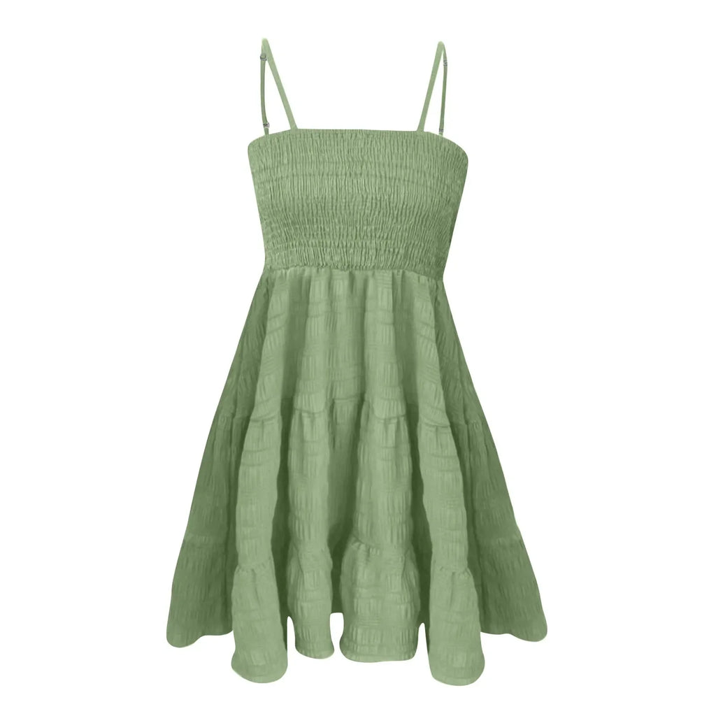 Bohemian Beach Sundress Women Sexy Sleeveless Backless Big Swing Mini Dress Solid Spaghetti Strap Ruffles Dress Summer Vestidos