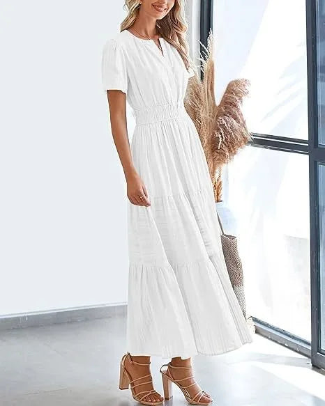 Summer Solid Color V-neck Tight Waist Dress French Style Elegant Pleated Large Swing Long Dress Casual Vacation Style Slimming M