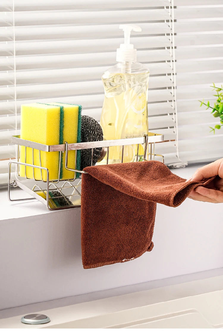 Rejilla de almacenamiento de herramientas de limpieza de fregadero, escurridor multifuncional de acero inoxidable para cocina, organizador de esponjas y detergentes, colgador de trapos