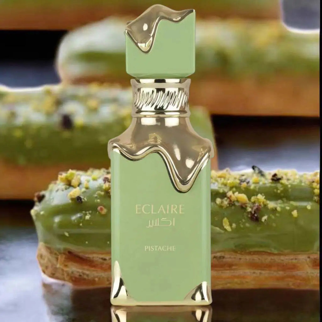Eclaire Pistache Perfume IInspired By French Pistachio Eclair. Fresh Nut‑milky Sscent With Mellow Sweetness. Green‑gold Dripping Bottle, Not Cloying, Delivers Soft And Comforting Gourmand Fragrance Experience.